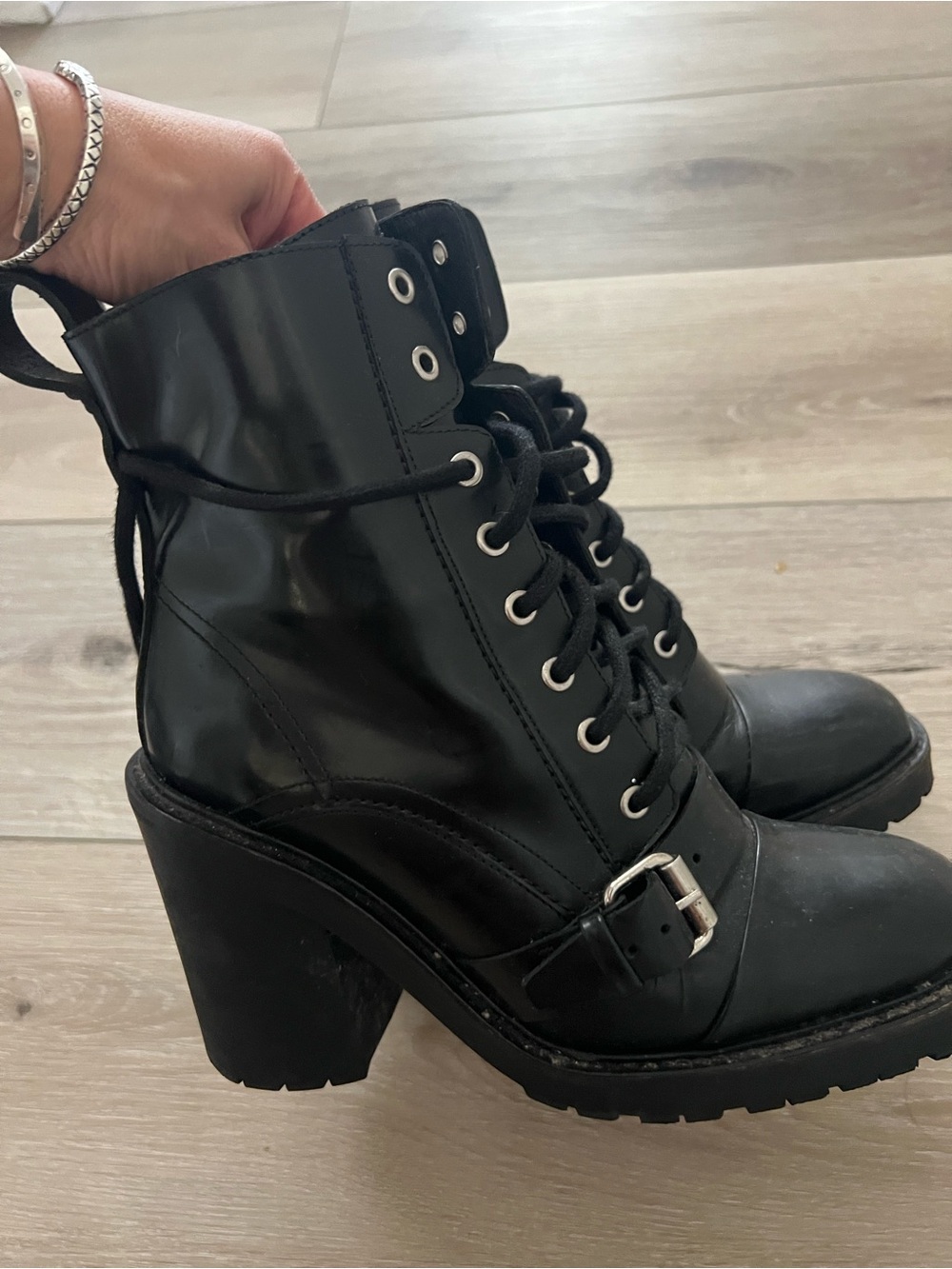 AllSaints Black Leather Lace Up Buckle Heeled Boots EU 38